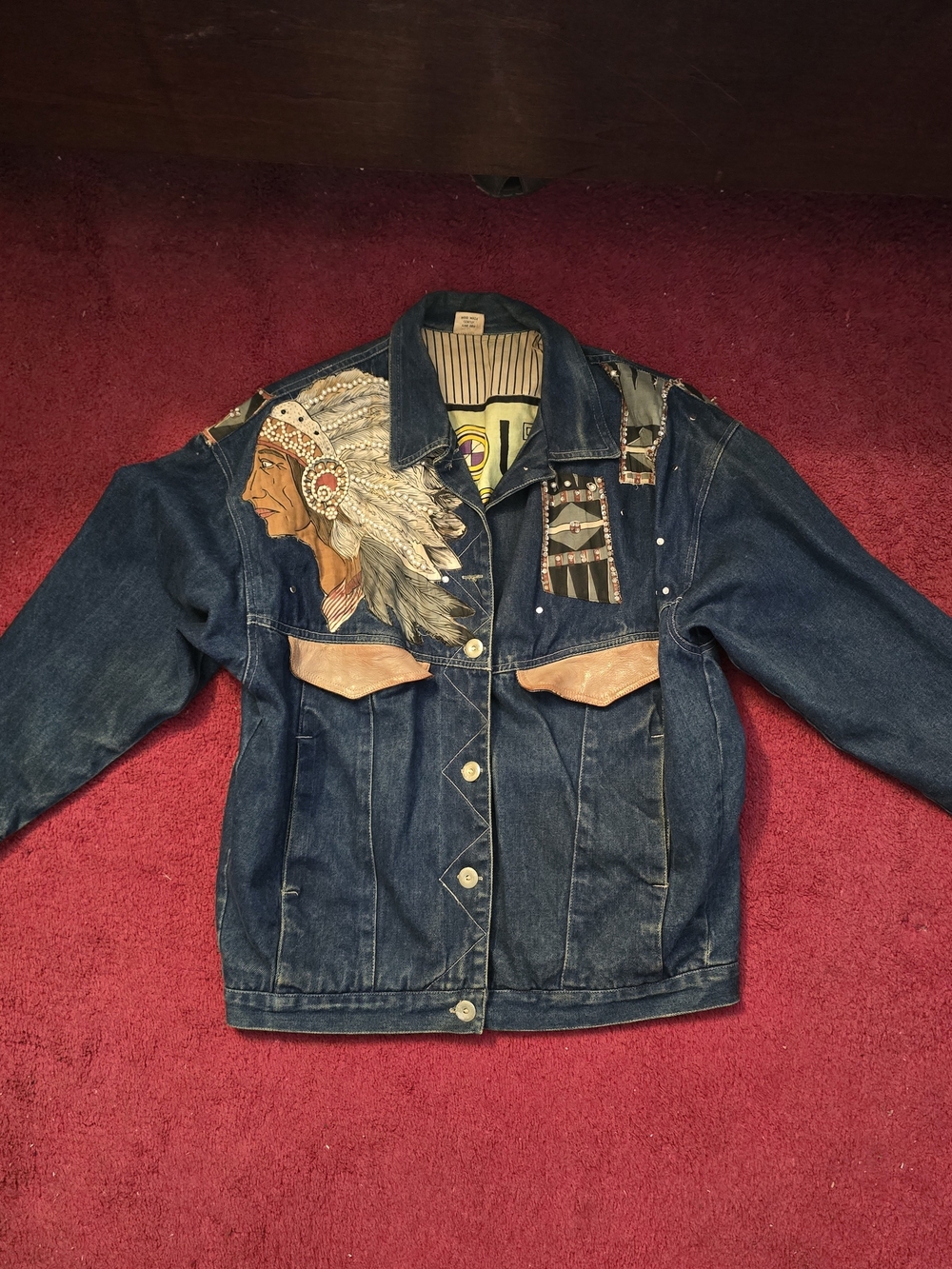 Vintage JouJou Beaded Native American Chief Denim Jacket Medium
